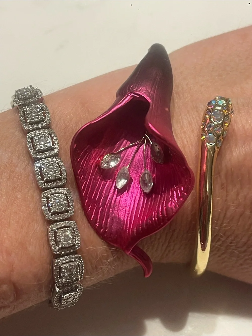 Betsey Johnson Red Calla Lily Flower Hinged Cuff Bracelet Crystal Gold Tone NWT